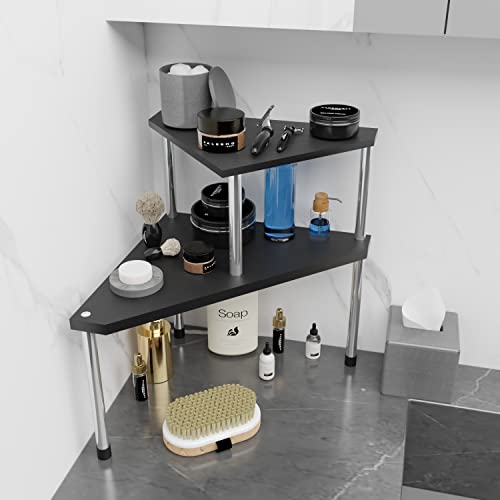 2-Tier Corner Counter Organizer, Bamboo Bathroom and Kitchen Storage Shelf
