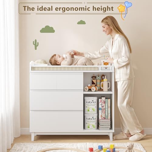 Convertible Baby Changing Table with 4 Drawers and Storage Shelves