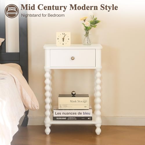 Small White Nightstand with Drawer & Spindle Wood Legs - Farmhouse End Table