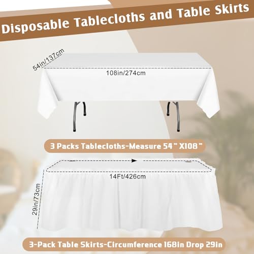 Disposable White Tablecloth and Ruffle Table Skirt Set - 6 Piece Party Kit