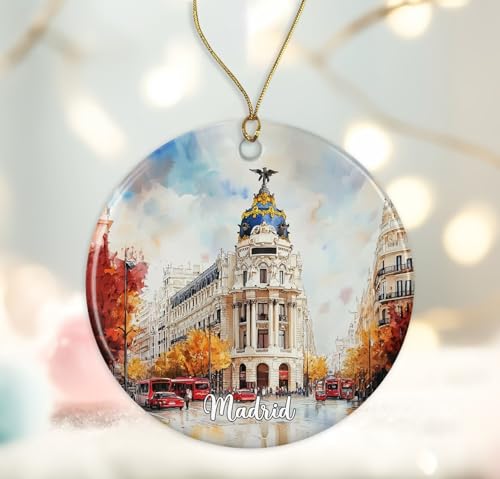 Madrid Watercolor Christmas Ornament - Double-Sided Ceramic Keepsake Gift for Madrid Lovers