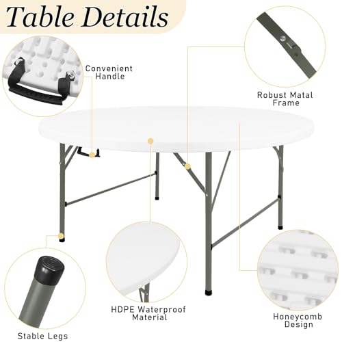 4ft Round Folding Table, Portable Heavy-Duty Plastic Picnic Table with Handle