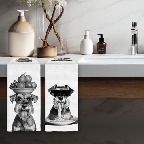 Funny Schnauzer Dog Kitchen Towels Set of 2 - Decorative Pasta & Fruit Bowl Hand Towels for Home & Gift