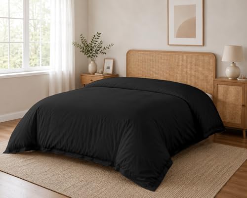 Oversized Queen Duvet Cover - 100% Cotton, Zipper Closure, Soft & Breathable - Black