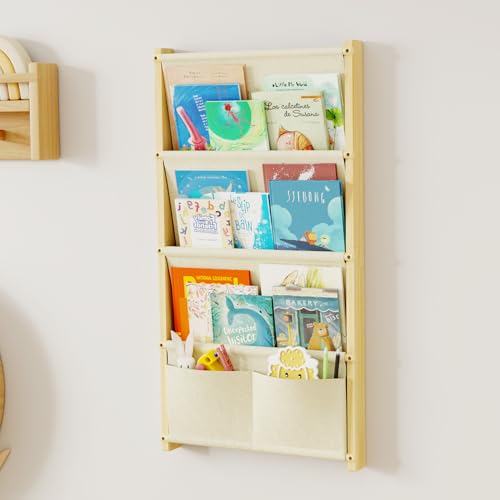 4-Tier Wall Mounted Kids Bookshelf, Natural Pine Wood Floating Book Organizer