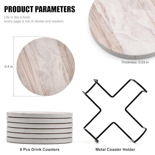 Absorbent Ceramic Drink Coasters Set with Holder - 6 Pack Marble Style