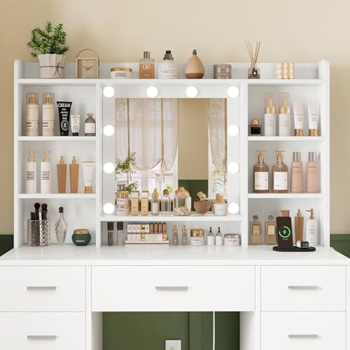 Large Vanity Desk with Lighted Mirror, 9 Drawers and Power Outlets
