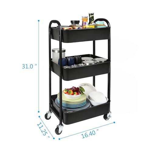 3-Tier Rolling Utility Cart with Wheels, Mesh Metal Storage Trolley, Black