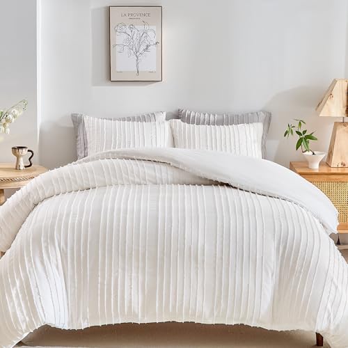 White Boho Tufted Duvet Cover Set King - 3-Piece Soft Microfiber Bedding