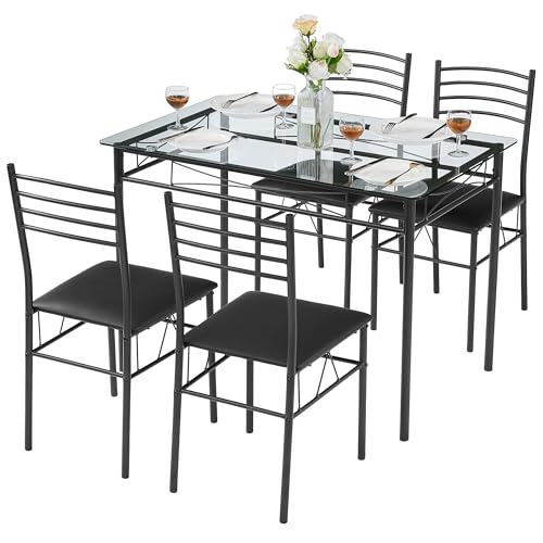 5-Piece Glass Dining Table Set for 4 with Upholstered Chairs, Black