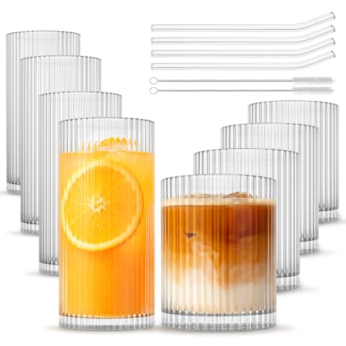 INSETLAN Ribbed Glassware Set of 8 - 12oz Highball & 14oz Rocks Glasses, Vintage Style