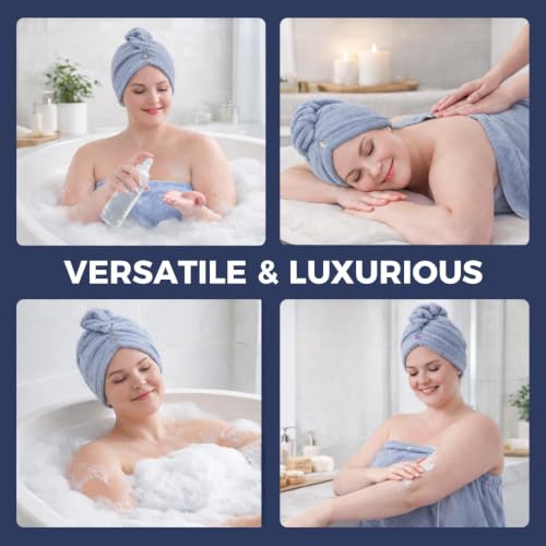 Plus Size Microfiber Bath Towel Wrap Set with Hair Towel, 2XL-4XL Blue
