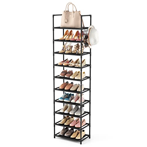 10-Tier Tall Narrow Shoe Rack Organizer with Hooks, Fits 20-25 Pairs