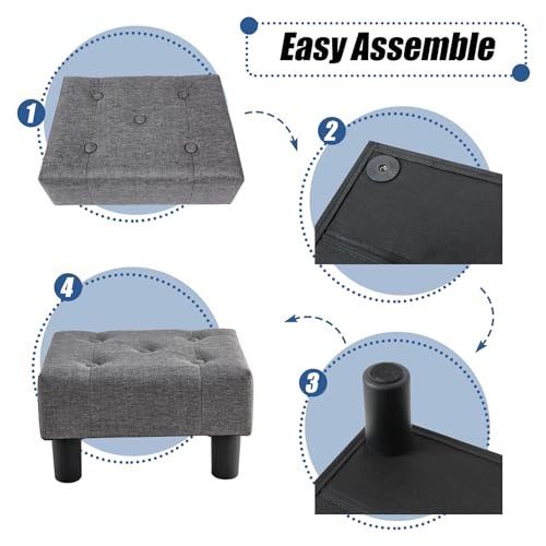 Linen Small Footstool Ottoman with Storage and Solid Wood Legs, Gray