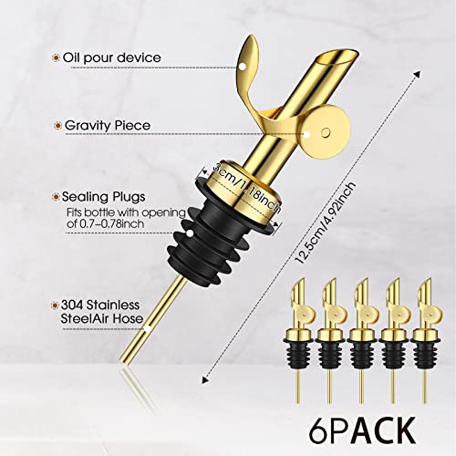 Kinlop Gold 6-Piece Oil Dispenser Spouts for Bottles, Auto Flip Pourer, Suitable for Olive Oil & Vinegar