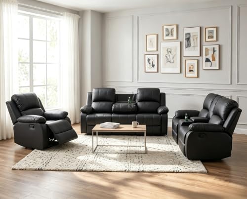 3-Piece Bonded Leather Reclining Sofa Set with Storage Console & Cup Holders