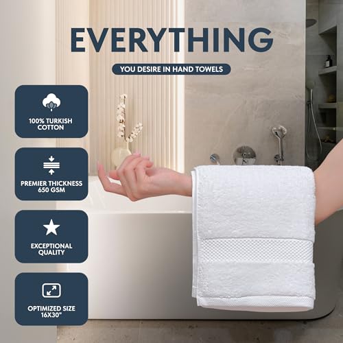 White Classic Turkish Cotton Hand Towels Set of 6 - Soft & Absorbent