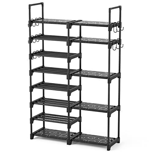 8-Tier Metal Shoe Rack Organizer, Stackable Storage Shelf with 15 Hooks