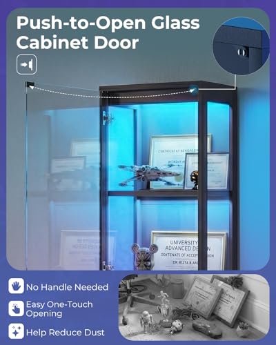 4-Tier Glass Display Cabinet with RGB Lights and Pop-Up Doors