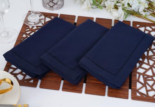 Navy Blue Hemstitch Cotton Dinner Napkins 18x18 Inches, Set of 12
