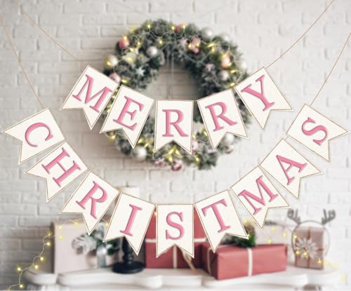 Pink Christmas Burlap Banner 2-Pack Festive Hanging Garland Holiday Decor