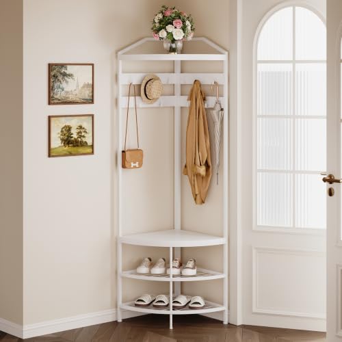 Corner Hall Tree with Shoe Bench and 10 Hooks - Freestanding Entryway Organizer