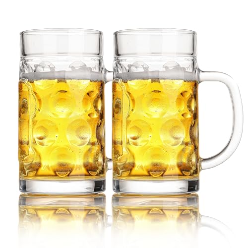 20 oz Heavy Glass Beer Mugs with Handles - Set of 2 Freezer Safe Steins
