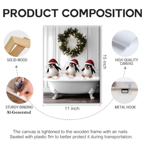 Funny Penguins Christmas Bathroom Wall Art Decor - Canvas Print G - 11x15 Inches
