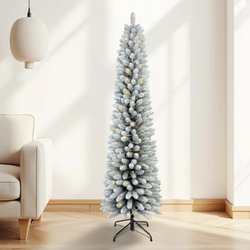 MAKEATREE 7ft Pre-Lit Slim Flocked Artificial Christmas Tree - Sectional, Warm LED Lights