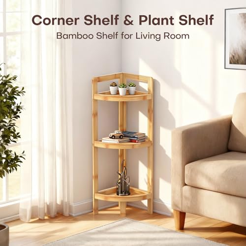 3-Tier Bamboo Corner Shelf, Free-Standing Triangular Storage Rack