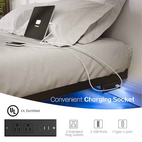 Full Size Floating Metal Platform Bed Frame with LED Lights & Charging Station