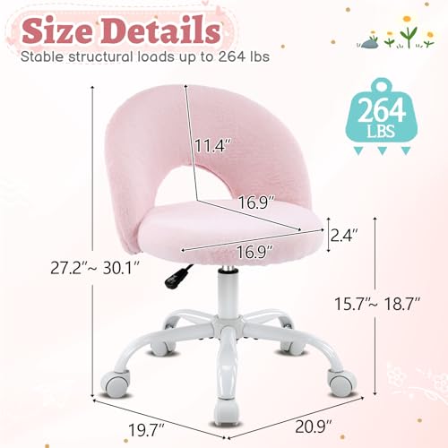 Adjustable Faux Fur Vanity Chair, Swivel Rolling Desk Chair for Makeup