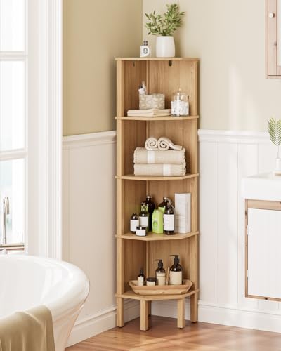 5-Tier Oak Corner Bookshelf, Space-Saving Display Storage Rack