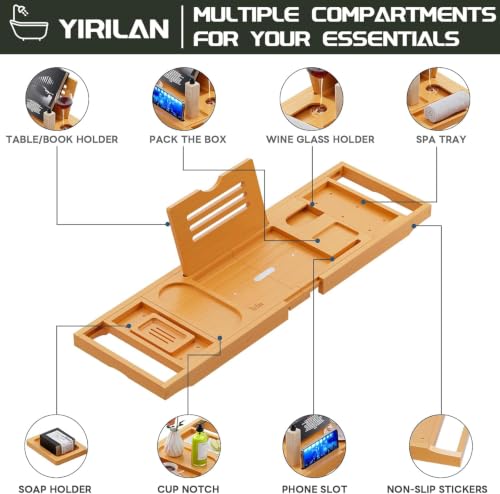 Yirilan Bamboo Bath Tray - Foldable Adjustable Wooden Bath Caddy with Book Rest & Spa Accessories