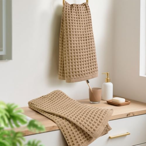 Waffle Weave Cotton Hand Towels - 2-Piece Set, 13" x 29", Tan