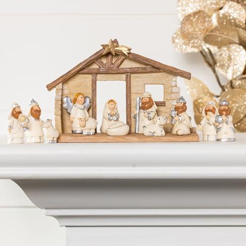 Miniature Nativity Scene Set with Creche - 12 Rearrangeable Resin Figures