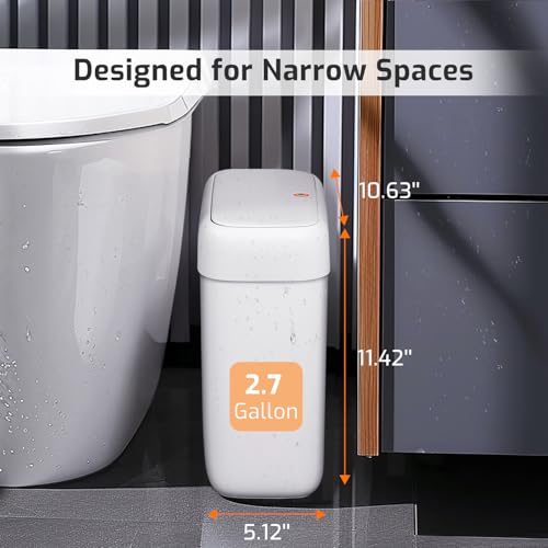 Slim 2.6 Gallon Bathroom Trash Can with Press Top Lid - White Plastic