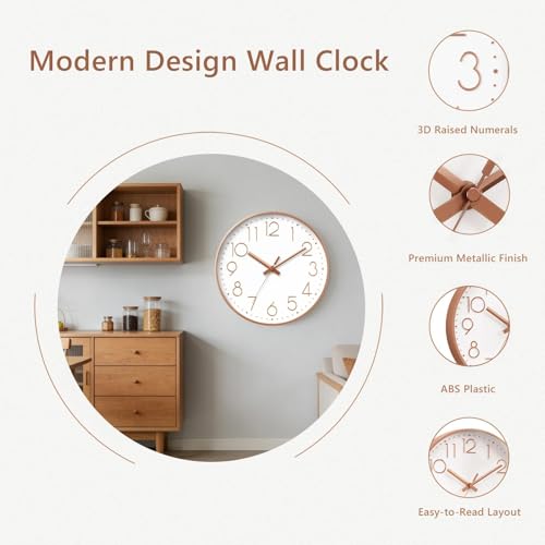 Silent Rose Gold Wall Clock 8 Inch - Non-Ticking Battery Operated