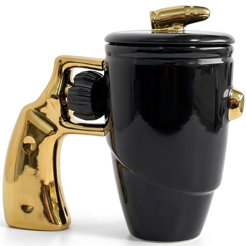 LUCYLANKER Revolver Gun Mug with Lid - 16 oz Gold Ceramic Coffee Tea Cup with Spin Handle, Novelty Gun Gift for Men & Enthusiasts