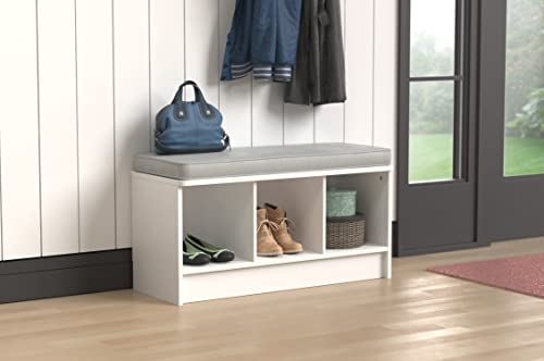 3-Cube Storage Bench with Gray Cushion, White Laminate Entryway Organizer