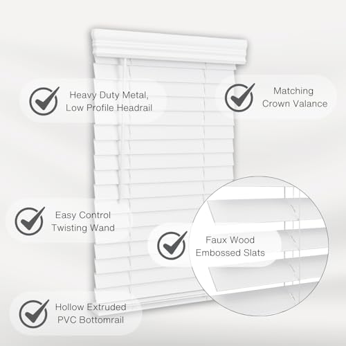 2-Inch Embossed Cordless Faux Wood Window Blind, 34" x 60", Bright White