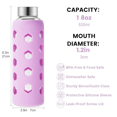 18 oz Glass Water Bottles with Silicone Sleeves and Lids, 4-Pack