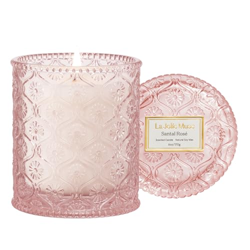 Santal Rose Natural Soy Wax Scented Candle - Pink Glass Jar (6 oz, 40 Hr)