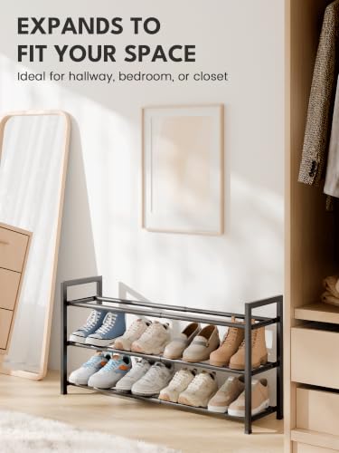 3-Tier Expandable Metal Shoe Rack Organizer, 18"-33" Adjustable (Black)