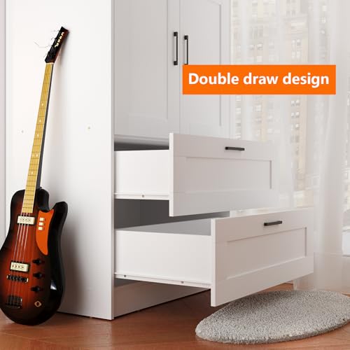 3-Door Wooden Wardrobe with 2 Drawers, White Freestanding Bedroom Closet