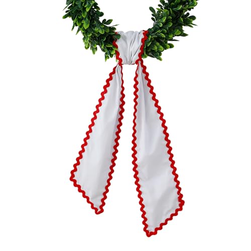 Canvas Wreath Sash for Front Door, White with Red Rick-Rack Trim