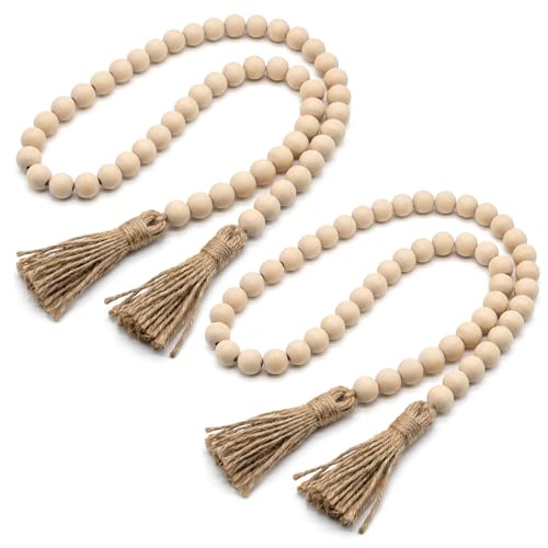 2 Pack Wood Bead Garland with Tassels, 50-Inch Rustic Farmhouse Boho Decor