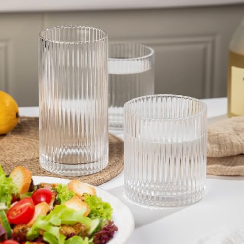 Lumkit 8PCS Clear Ribbed Drinking Glasses Set – 10oz & 12oz Tumblers for Wedding & Party