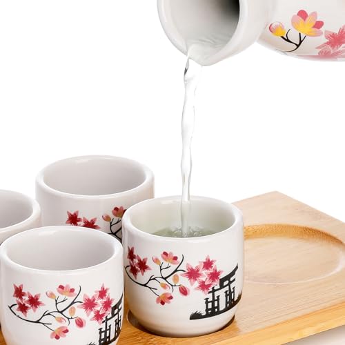 Tosnail 5-Inch Pink Blossom Ceramic Sake Set with Carafe, 4 Cups & Bamboo Tray - Unique Variation