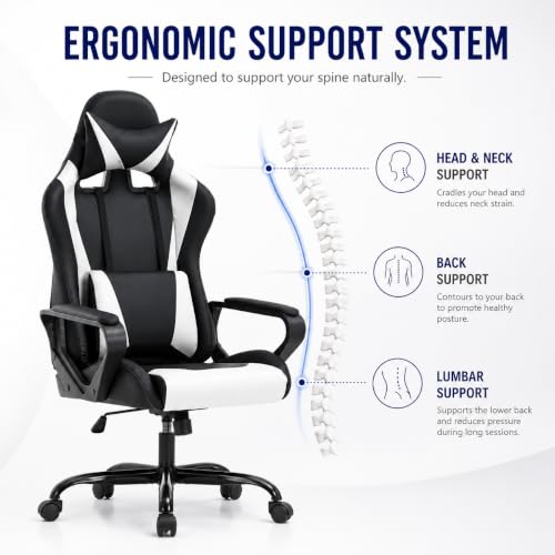 Ergonomic High-Back Gaming Chair with Lumbar Support, White PU Leather